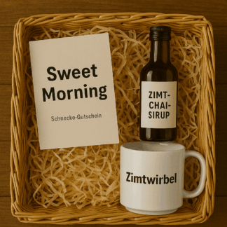 Geschenkset „Sweet Morning“ von Zimtwirbel – mit Zimtschnecken-Gutschein, Zimt-Chai-Sirup & Tasse, liebevoll verpackt in Linz